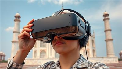 An immersive VR headset displaying a user exploring the Taj Mahal in stunning detail, surrounded by virtual guides and interactive elements, creating a sense of wonder and discovery in the digital travel realm.