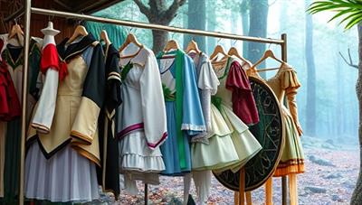An enchanting display of intricately designed cosplay costumes hanging on a rack, accessorized with elaborate props and themed backdrops, set against a backdrop of a mystical forest or otherworldly setting, invoking a sense of fantasy and transformation.