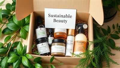 An aesthetically pleasing subscription box filled with eco-friendly beauty products, surrounded by green foliage and recycled packaging, conveying the message of sustainable beauty and environmental consciousness.