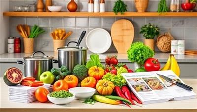 An appetizing kitchen scene with vibrant plant-based ingredients, cookware, and recipe cards neatly arranged on a countertop, inviting subscribers to embark on a culinary journey of healthy and sustainable cooking with GreenPlates Express meal kits.