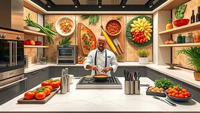An interactive virtual kitchen studio with professional cooking stations, culinary tools, fresh ingredients, and a live cooking demonstration by a celebrity chef, surrounded by vibrant food displays and culinary artworks, inspiring users to explore new flavors and culinary techniques in a virtual gourmet setting.