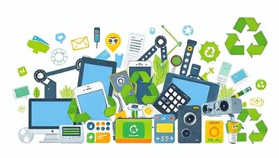 An eco-friendly visual depiction of tech recycling, featuring a diverse collection of electronic devices being recycled and repurposed in a sustainable manner, with green technology symbols and recycling icons, highlighting the platform's commitment to environmental stewardship and responsible tech disposal.
