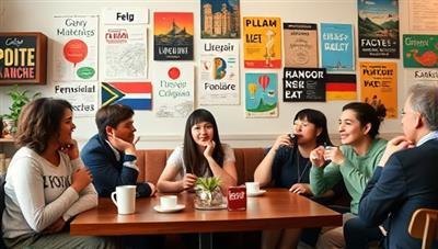 A cozy cafe setting with people from diverse backgrounds engaging in lively conversations in different languages, sipping coffee and enjoying language-themed decor and posters adorning the walls.