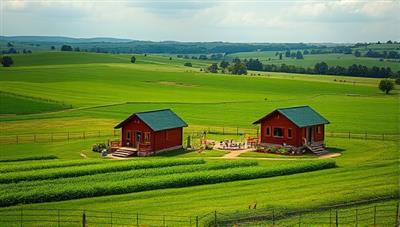 A serene landscape image of an eco-friendly farm stay retreat, featuring cozy cabins nestled among lush green fields, with guests participating in farm activities and enjoying farm-fresh meals outdoors, embodying a harmonious connection with nature and sustainable living.