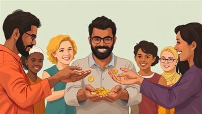 An illustration of diverse individuals exchanging small coins symbolizing micro-investments, fostering a sense of community and collaboration in wealth-building.