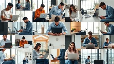 A dynamic collage of tech freelancers working on laptops in various settings, showcasing the versatility and expertise of the gig workers available on TechTasker for businesses seeking tech solutions on a freelance basis, portraying a vibrant and collaborative tech ecosystem.