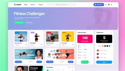 An online platform interface displaying various fitness challenges, workout routines, and progress tracking tools, creating a vibrant and motivating virtual fitness community.