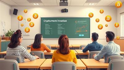A visually appealing graphic of a virtual classroom setting with digital currency symbols floating around, a diverse group of students engaging with a digital lesson on cryptocurrency investment, conveying a modern and interactive learning experience.