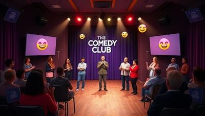A vibrant virtual comedy club setting with a stage, spotlight, and a diverse lineup of comedians performing to a digital audience, laughter emojis floating in the chat, and virtual applause creating a fun and interactive comedy experience.