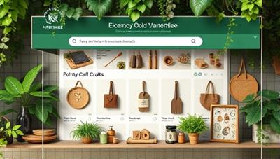 An online marketplace showcasing a variety of eco-friendly crafts and handmade products made from recycled materials, natural fibers, and sustainable resources, set against a backdrop of lush greenery and eco-conscious branding that appeals to environmentally aware consumers.