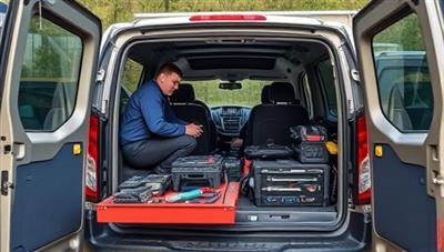 An image of a mobile mechanic team arriving at a customer's location in a fully equipped van, with tools and diagnostic equipment ready to provide on-the-spot vehicle servicing, highlighting convenience and professionalism.