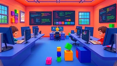 A vibrant virtual coding lab with animated characters coding on computers, colorful coding blocks and puzzles, and a playful learning environment that sparks creativity and logical thinking in kids, illustrating the engaging nature of the online coding bootcamp.