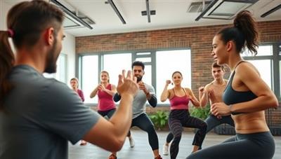 A dynamic and energetic image of a virtual fitness session with a trainer guiding a group of diverse individuals through a workout, showcasing engagement and motivation in an online setting.