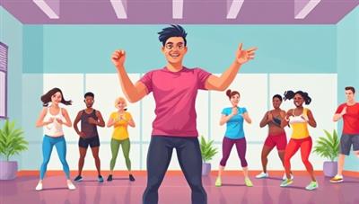 A vibrant digital illustration of a virtual fitness coach leading an energetic workout session with diverse participants, showcasing inclusivity and motivation.