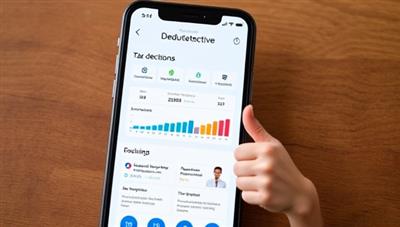 An interactive mobile screen displaying the DeductDetective app interface, with colorful graphs, deduction suggestions, and a satisfied user giving a thumbs-up, representing smart tax savings and user-friendly tax assistance.