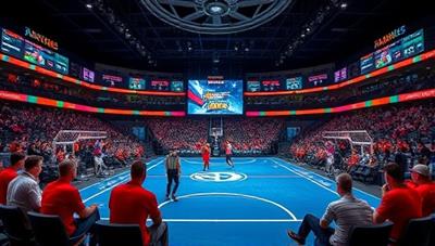 An immersive fantasy sports arena filled with virtual teams competing in real-time matches, with dynamic player stats and leaderboards updating on a digital display, showcasing the interactive and competitive nature of FantasyBet Arena's fantasy betting league platform.