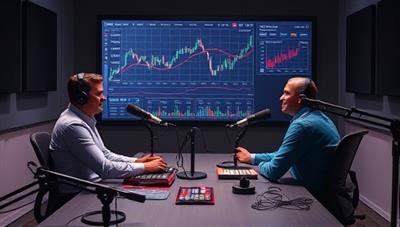 A dynamic podcast studio setup with microphones, soundproof panels, and recording equipment, showcasing a host interviewing a guest on investment strategies, with digital waveforms and financial charts displayed in the background, symbolizing informative and engaging financial content creation.