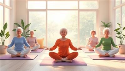 A serene illustration of a group of seniors practicing yoga and meditation in a tranquil virtual setting, surrounded by nature-inspired decor and soft lighting, creating a calming and inclusive space for relaxation and rejuvenation, promoting a sense of peace and wellbeing.