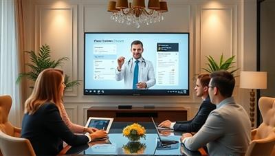 An elegant virtual meeting setup with a professional giving financial advice on a screen to a diverse group of business owners, emphasizing expertise and collaboration.