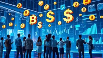 A dynamic and futuristic visualization of digital currency symbols floating in a virtual space, with a diverse group of individuals interacting with graphs and charts on transparent screens, symbolizing the accessibility and innovation of the platform.