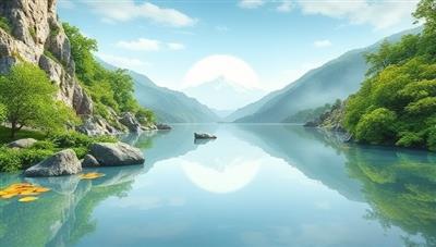 A serene virtual mindfulness space within the app interface featuring calming nature scenes, soothing sounds, and mindfulness exercises, creating a peaceful and immersive experience for users seeking mental wellness and relaxation through the MindfulSpace App.