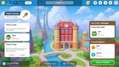An immersive and colorful game interface showcasing a virtual financial world with interactive quizzes, financial challenges, and progress trackers, illustrating the engaging and educational nature of FinEd Quest for users learning about money management.