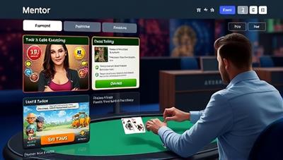 An engaging gamified poker training interface featuring colorful graphics, interactive challenges, and a virtual mentor guiding a player through strategic gameplay decisions, illustrating the dynamic and immersive learning experience of PokerPro Mentor.