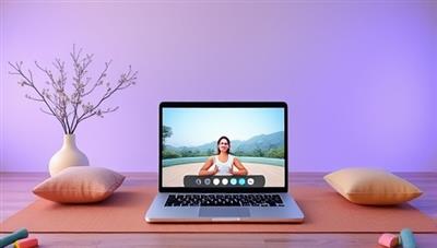 A serene virtual retreat setup with a calming background, a yoga mat, meditation cushions, and a laptop displaying a live wellness session, promoting relaxation and mindfulness.