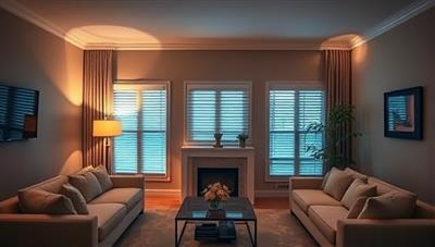 An elegant living room setting with smart devices seamlessly integrated, such as voice-controlled lighting, automated blinds, and a smart thermostat, illustrating the comfort and sophistication of a modern smart home.