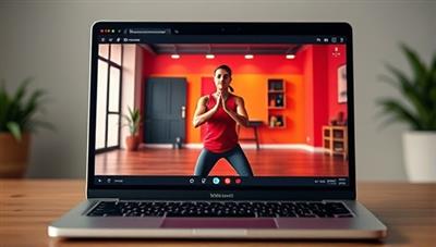 A vibrant and energetic virtual workout session displayed on a laptop screen, showing a fitness coach guiding users through exercises in a dynamic and motivating setting.