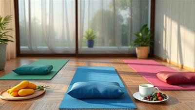 A serene virtual wellness retreat setting with images of yoga mats, meditation cushions, fresh fruits, and herbal teas, creating a tranquil and inviting atmosphere that embodies the essence of WellnessWander's virtual experiences.