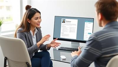 An empowering image of a virtual job interview coaching session, featuring a career coach providing feedback to a client on their mock interview performance, with a laptop displaying a resume and interview tips in the background, radiating professionalism and confidence-building.