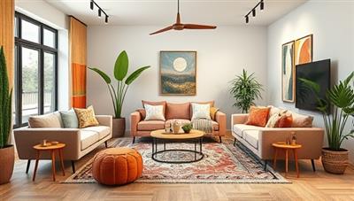 A virtual room visualization showcasing a stylish living space with a blend of modern and bohemian decor elements, featuring cozy furniture, vibrant accents, and lush greenery, creating a harmonious and inviting ambiance that reflects the essence of DesignZen Online's design philosophy.