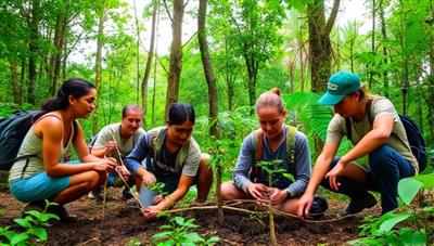 A group of travelers planting trees in a lush forest, wearing eco-friendly gear and surrounded by vibrant greenery, showcasing the hands-on conservation experience provided by GreenQuest Adventures.
