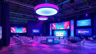 An artistic digital rendering of a virtual event space with interactive features, including a stage, networking areas, and branding elements, showcasing the versatility and creativity of online events.