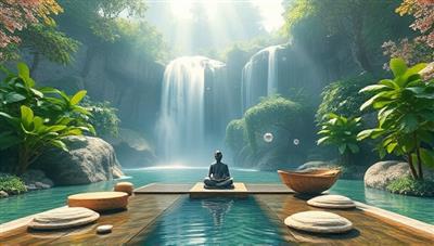 A serene virtual landscape in VR, featuring a tranquil waterfall, lush greenery, and a peaceful meditation area, surrounded by floating relaxation elements, inviting users to immerse themselves in a calming virtual environment.