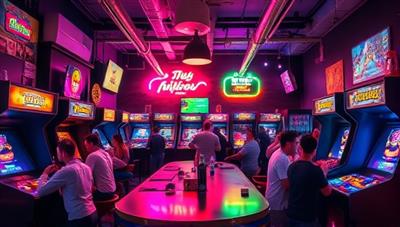 An inviting bar setup featuring arcade machines, neon lights, and patrons enjoying retro games and themed drinks, evoking a vibrant and nostalgic atmosphere of fun and camaraderie.