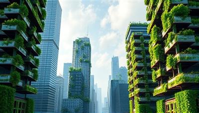 An impressive urban skyline with skyscrapers adorned with lush green vertical gardens, showcasing a futuristic and sustainable approach to agriculture in cities.