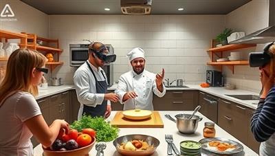 An interactive visual of a virtual kitchen environment with a chef avatar guiding participants through a cooking lesson, demonstrating techniques and recipes in a realistic and engaging VR setting, surrounded by digital ingredients and tools.