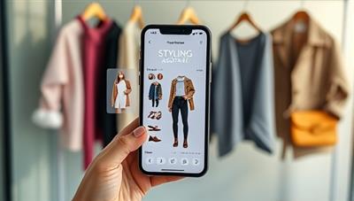 An artistic representation of a virtual styling assistant interface on a smartphone, displaying various outfit combinations and style recommendations, with trendy clothing items and accessories in the background, conveying fashion-forward technology.
