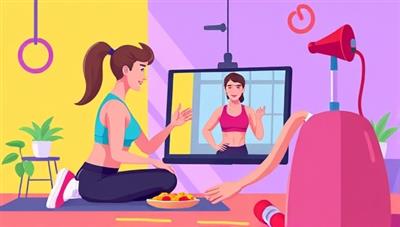 A vibrant and energetic digital illustration of a virtual fitness trainer guiding a client through a workout session via a video call, with workout equipment and healthy snacks in the background, conveying motivation and health-consciousness.
