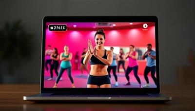A vibrant and energetic virtual workout session displayed on a laptop screen, showing an instructor leading a group class with participants following along enthusiastically, showcasing the platform's interactive and engaging fitness sessions.