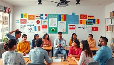 A dynamic virtual language classroom scene with diverse avatars interacting in different languages, engaging in language exercises, cultural discussions, and virtual trips, fostering a vibrant and inclusive language learning community.