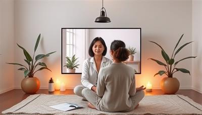 An artistic representation of a virtual therapy session, featuring a therapist engaging with a client via video call, surrounded by calming visuals and relaxation elements, symbolizing the supportive and comforting environment of online mental wellness workshops.