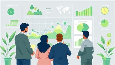 An illustration of a diverse group of professionals analyzing sustainability reports and financial data on a digital eco-dashboard, surrounded by green symbols and eco-friendly icons, symbolizing sustainable accounting consultancy services for a greener business future.