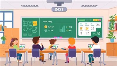 An animated classroom setting within a website interface, featuring interactive elements like quizzes, puzzles, and progress bars, with students engaged in learning activities, highlighting the fun and educational aspects of gamified website design for education.