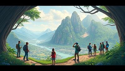 An immersive digital illustration featuring a sustainable travel experience with ecoExplore Journeys, showcasing travelers engaging in responsible tourism activities, exploring natural wonders, and interacting with local communities in a culturally rich and environmentally conscious travel setting that promotes sustainable travel practices.