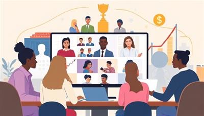 An artistic representation of a virtual career development bootcamp, showcasing a diverse group of professionals engaged in a virtual workshop, with career-related visuals and success symbols in the background, symbolizing growth and advancement.