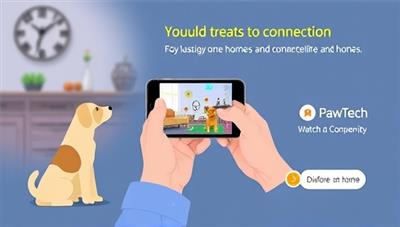 An illustration of a pet owner checking their smartphone to view a live feed of their pet playing at home, with interactive buttons to dispense treats and toys remotely, showcasing the convenience and connection offered by PawTech Watch.