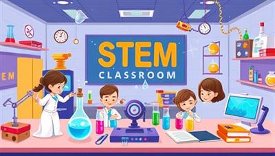 An imaginative illustration of a virtual STEM classroom with animated characters, colorful science experiments, and digital gadgets, creating a playful and educational environment for kids learning STEM subjects.